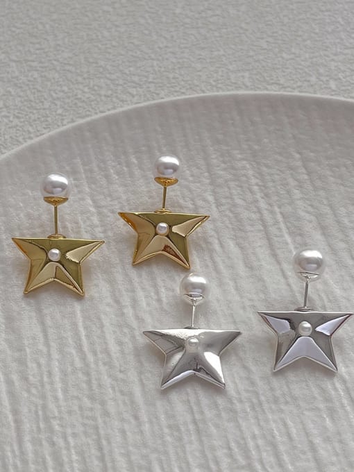 ZRUI Brass Imitation Pearl Pentagram Minimalist Stud Earring 3