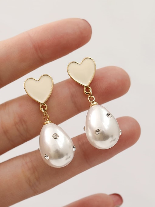 HYACINTH Brass Imitation Pearl Enamel Heart Minimalist Drop Trend Korean Fashion Earring 1