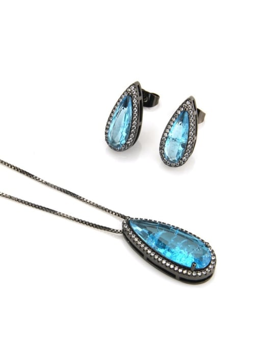 Black plated Blue Zircon Brass Luxury Water Drop Cubic Zirconia Earring and Necklace Set