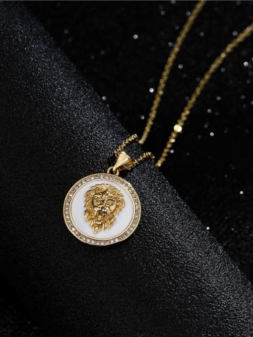 AOG Brass Cubic Zirconia Lion Hand Vintage  Enamel Round Pendant Necklace 1