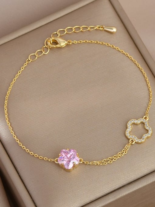 Gold SL60934 Brass Cubic Zirconia Pink Flower Dainty Bracelet