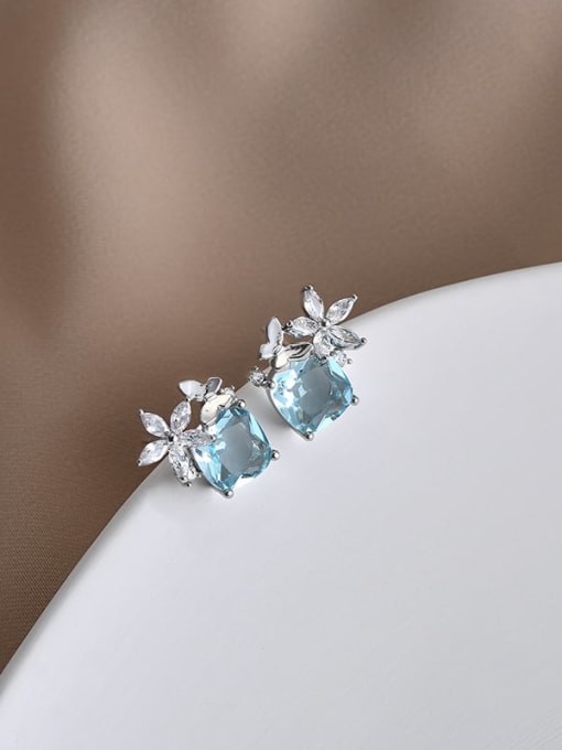 Silver Blue ed66552 Brass Cubic Zirconia Flower Dainty Stud Earring