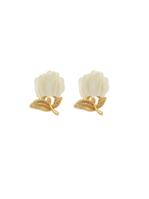 golden Brass Resin Rosary Flower Cute Stud Earring