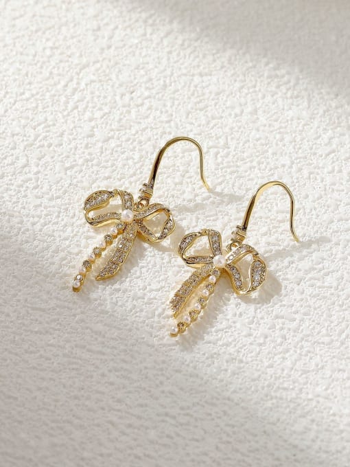 14k Gold Brass Cubic Zirconia Bowknot Minimalist Hook Earring