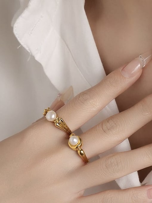 Five Color Brass Imitation Pearl Geometric Dainty Band Ring 2