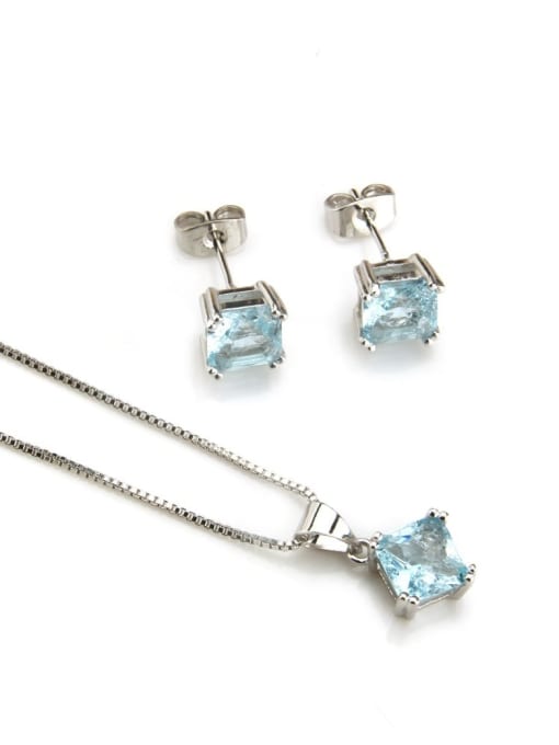 Platinum plated Blue Zircon Brass Square Cubic Zirconia Earring and Necklace Set