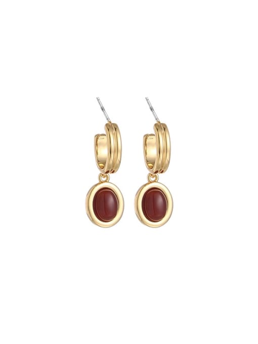 Red Agate Earrings Brass Natural Stone Geometric Vintage Drop Earring