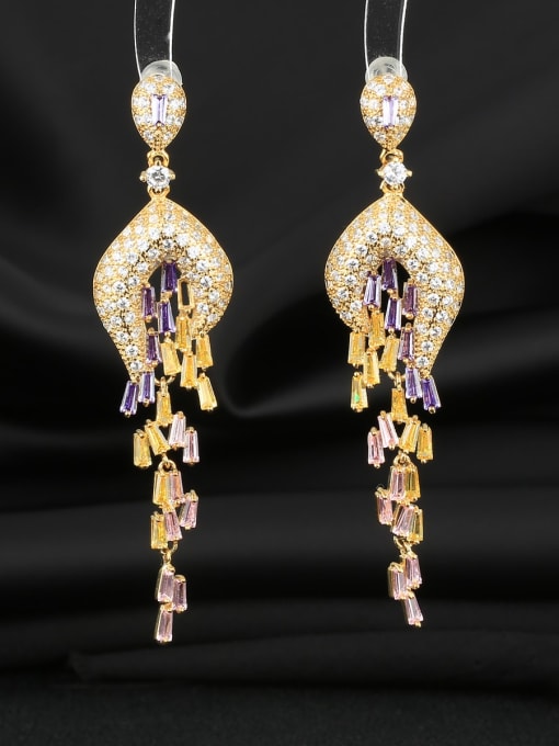 golden Brass Cubic Zirconia Tassel Luxury Cluster Earring