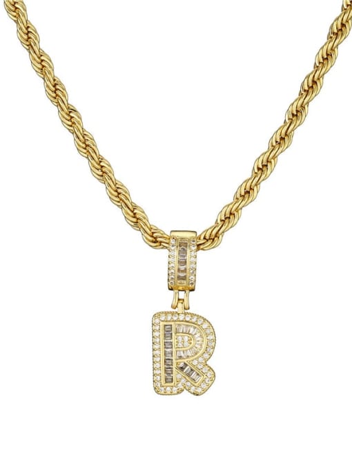 R Brass Cubic Zirconia  Vintage Letter Pendant Necklace