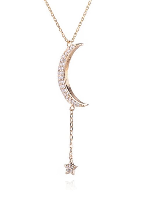 Champagne gold Brass Cubic Zirconia Moon Minimalist Tassel Necklace