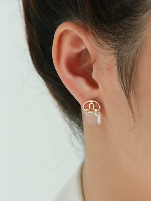 Five Color Brass Glass Stone Locket Minimalist Stud Earring 1