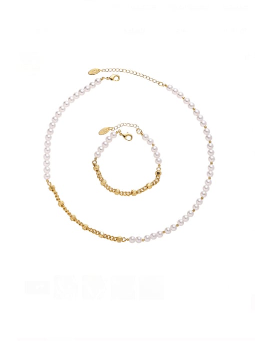 Five Color Brass Imitation Pearl Hip Hop Geometric  Bracelet and Necklace Set 0