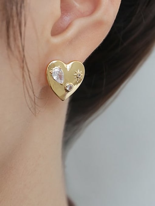 ACCA Brass Rhinestone White Heart Minimalist Stud Earring 1
