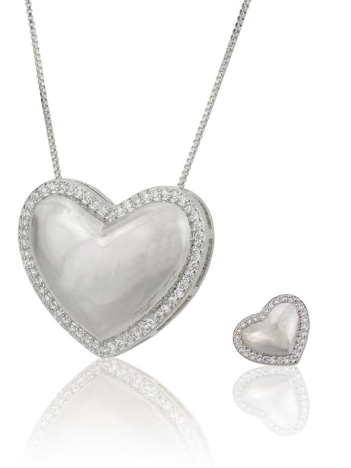 silvery Brass Heart Cubic Zirconia Earring and Necklace Set