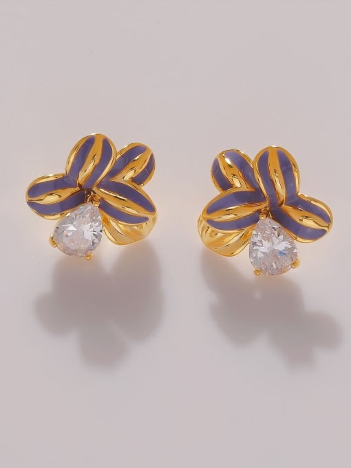 HYACINTH Brass Enamel Flower Vintage Stud Earring 1