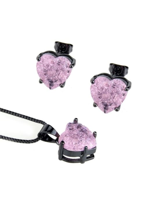 Black Pink blasting stone Brass  Cubic Zirconia Heart  Earring and Necklace Set