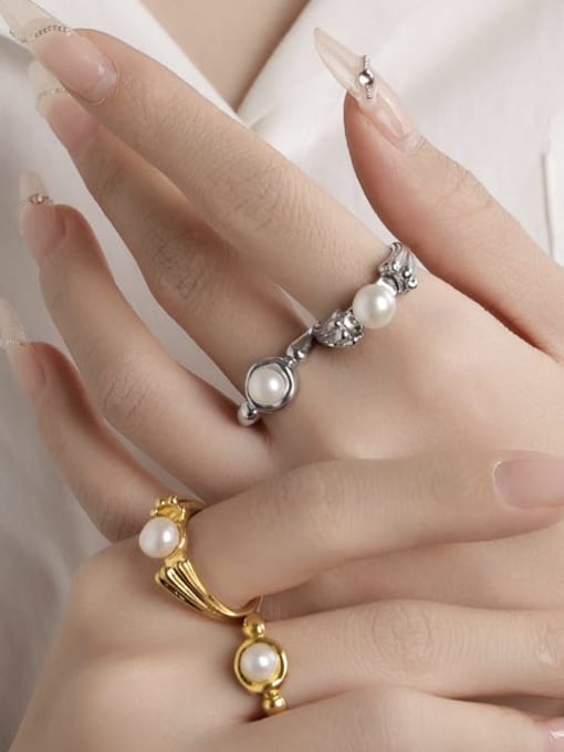 Five Color Brass Imitation Pearl Geometric Dainty Band Ring 1