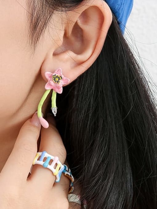 Five Color Brass Multi Color Enamel Flower Cute Stud Earring 1