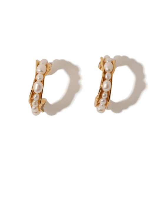 golden Brass Freshwater Pearl Simple irregular C shape Vintage Stud Earring