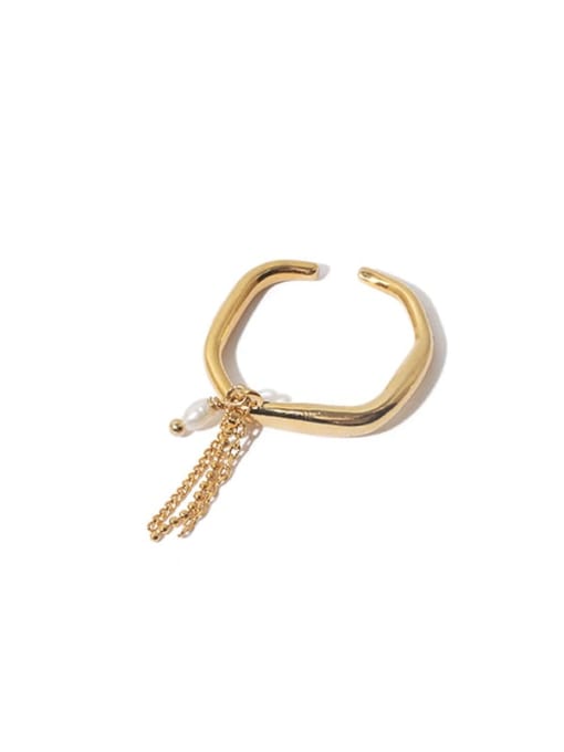 golden Brass Freshwater Pearl Chain Tassel Hip Hop Band Ring