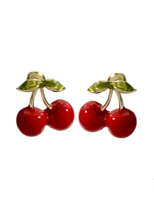 Red cherry earrings Brass Enamel Friut Cute Stud Earring