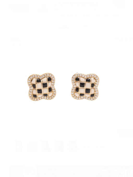 Checkerboard Earrings Brass Cubic Zirconia Geometric Vintage Stud Earring