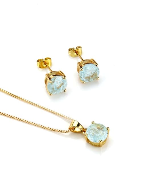 Gold Plated Blue Zircon Brass Round Cubic Zirconia Earring and Necklace Set