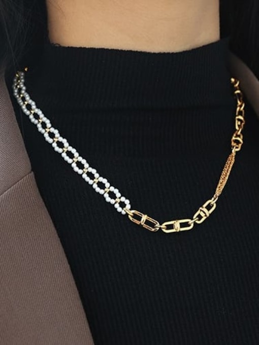 ACCA Brass Imitation Pearl Geometric Hip Hop Asymmetrical Chain Necklace 2