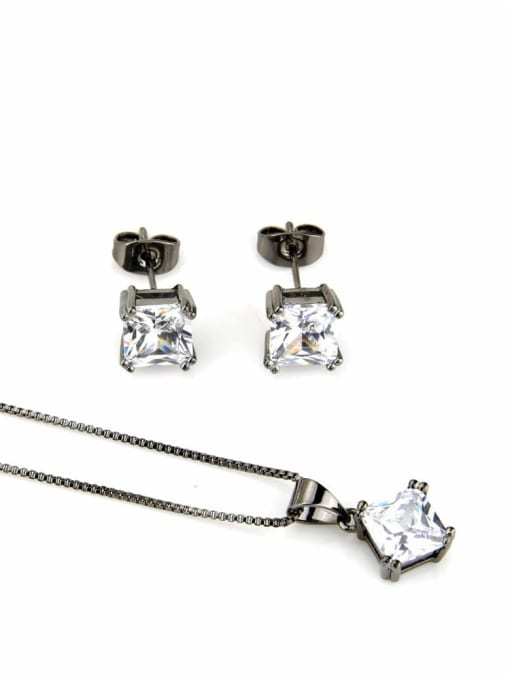 Black plated white zircon Brass Square Cubic Zirconia Earring and Necklace Set