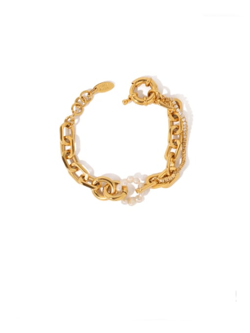 golden Brass Freshwater Pearl Geometric Vintage Link Bracelet