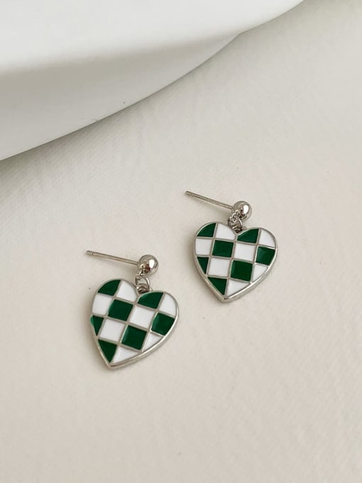 Checkered love 925 Sterling Silver Resin Green Geometric Vintage Stud Earring