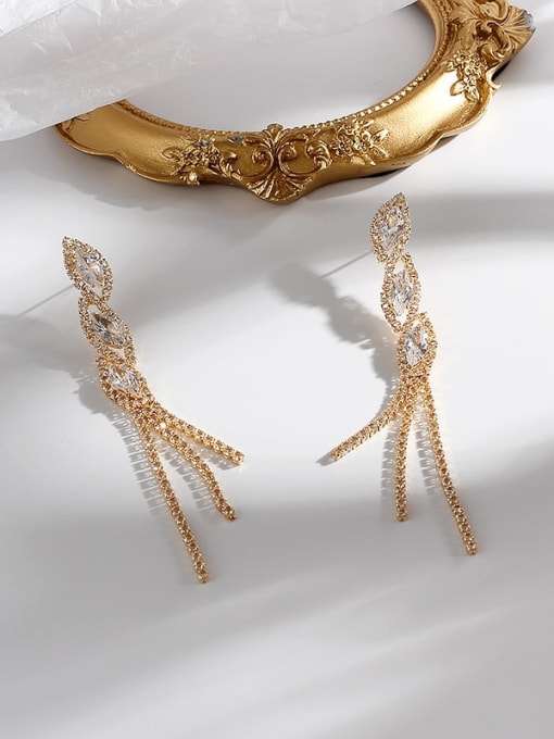 gold Copper Cubic Zirconia Tassel Ethnic Threader Trend Korean Fashion Earring