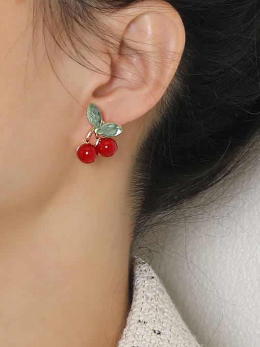 HYACINTH Brass Cubic Zirconia Enamel Friut Cherry Trend Stud Earring 1