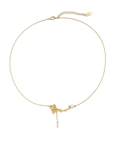 golden Brass Cubic Zirconia Flower Vintage Tassel Necklace