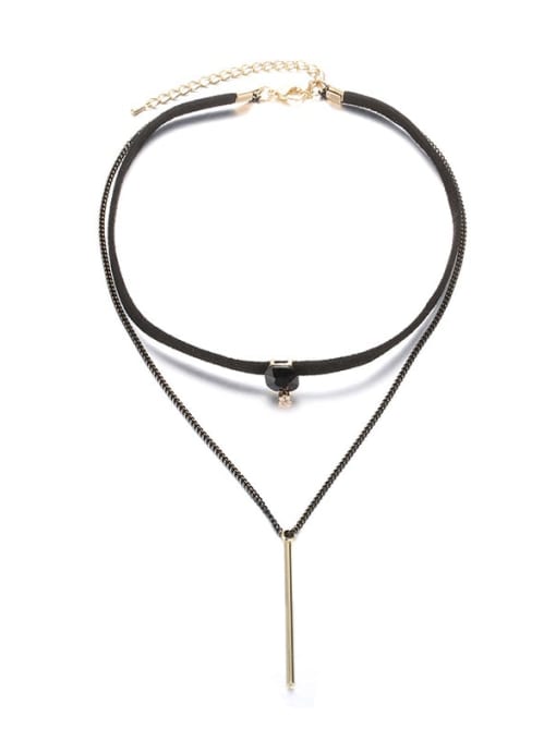 Gold Black Brass Leather Tassel Minimalist Multi Strand Necklace