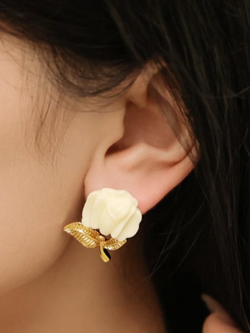 Five Color Brass Resin Rosary Flower Cute Stud Earring 1