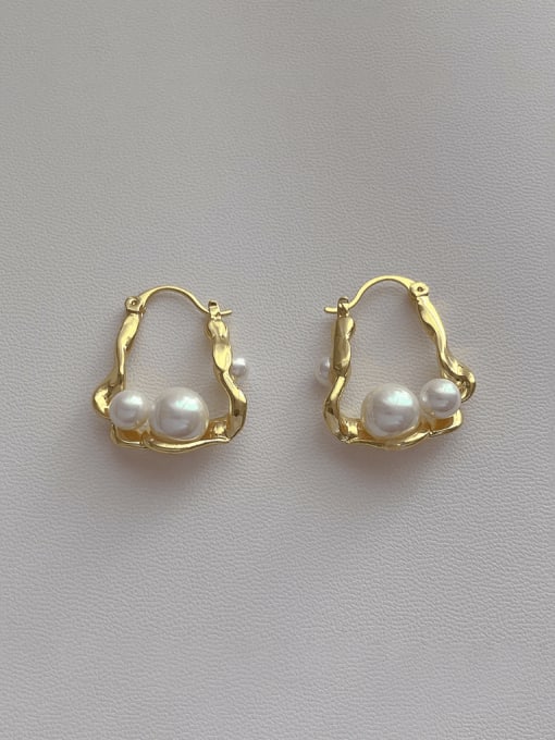 YOUH Brass Imitation Pearl Geometric Minimalist Huggie Earring 1