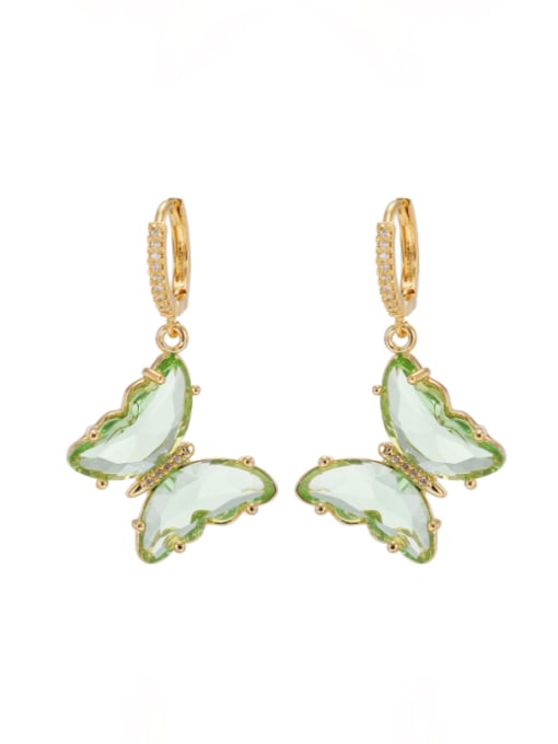 green Brass Glass Stone Multi Color Butterfly Minimalist Huggie Earring