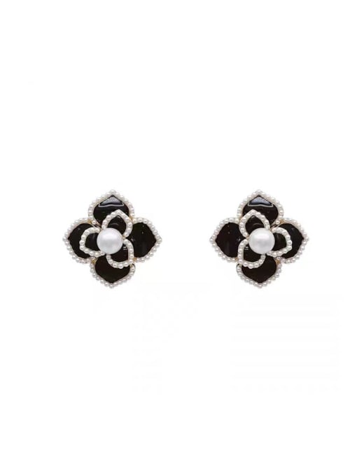 ZRUI Zinc Alloy Black Enamel Flower Trend Stud Earring 0