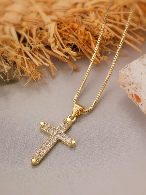 23896 Brass Cubic Zirconia Cross Dainty Regligious Necklace