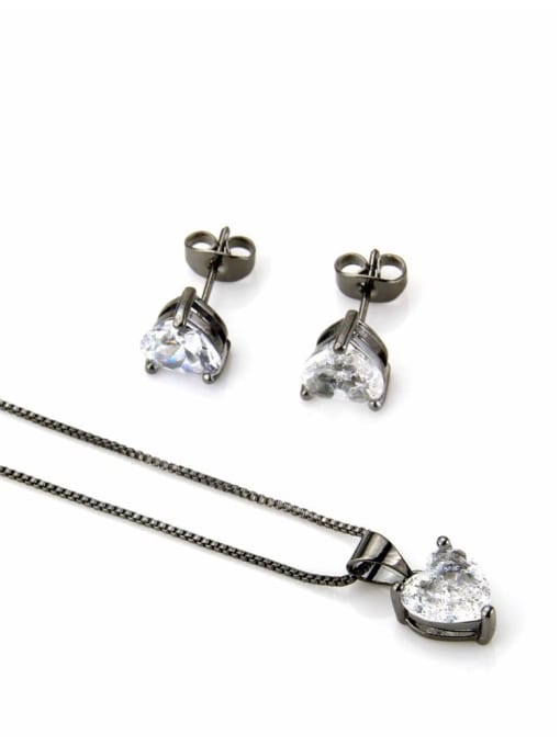 Black plated white zircon Brass Heart Cubic Zirconia Earring and Necklace Set