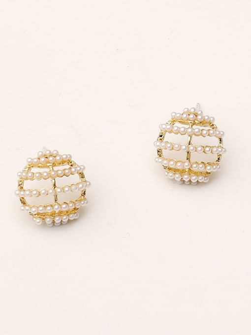 14K real gold Brass Imitation Pearl Round Minimalist Stud Trend Korean Fashion Earring