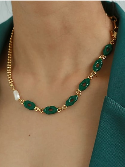 Green oil dripping Brass Enamel Hollow Geometric Vintage Necklace