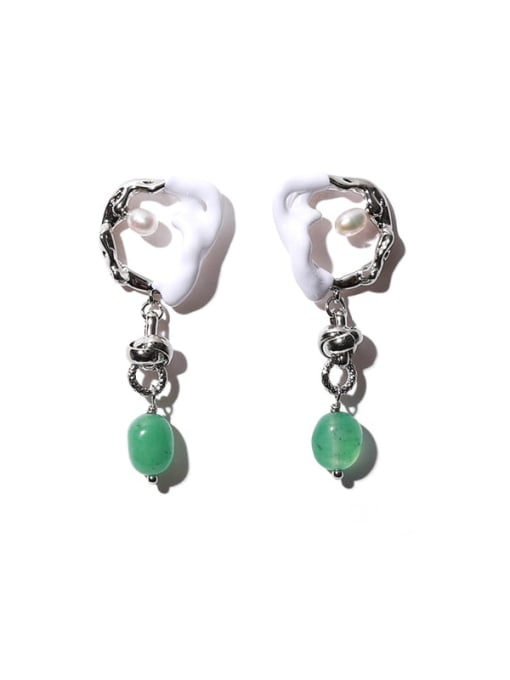 Green natural stone Brass Enamel Irregular Vintage Chandelier Earring
