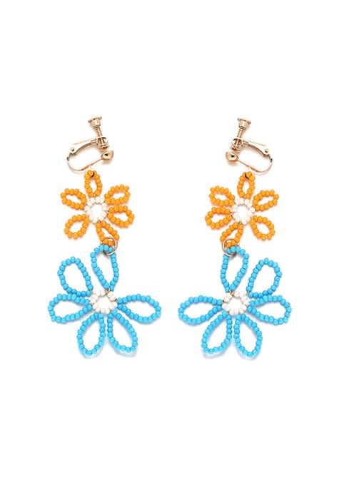 Blue and yellow ear clip Brass Glass beads Multi Color Flower Minimalist Clip Earring