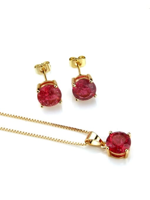 Gold Plated Red zircon Brass Round Cubic Zirconia Earring and Necklace Set