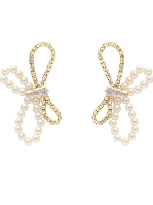 14k Gold Brass Imitation Pearl Butterfly Artisan Stud Trend Korean Fashion Earring