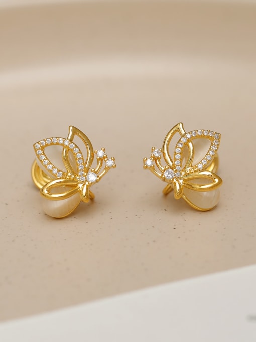 18K Golden Cat's Eye Stone Brass Cats Eye Butterfly Minimalist Clip Earring