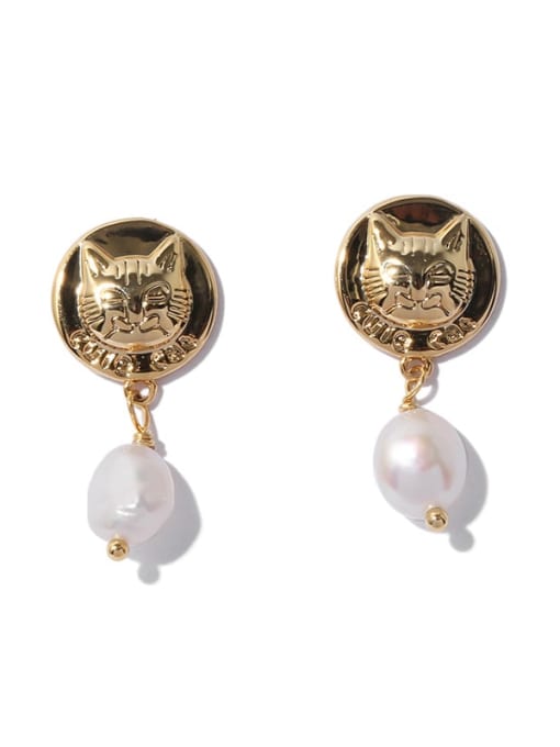 Five Color Brass Imitation Pearl Cat Cute Drop Earring 0