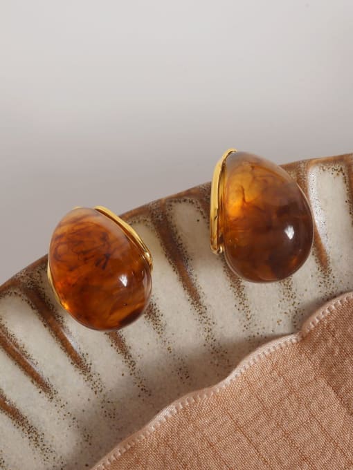 18k Gold Coffee Color Brass Resin Water Drop Minimalist Stud Earring